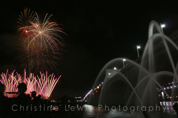 bridge, cannons, fireworks, riverbend, silhouette, tennessee, water