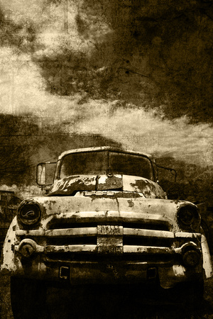 Dodge, abandoned, down, grungy, headlights, portrait, sepia, texture, "tow truck", worn