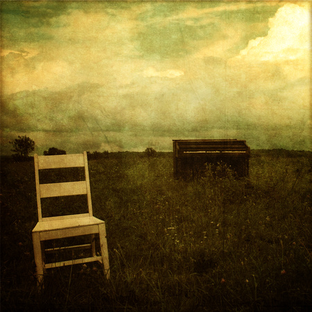 art, decor, fine, home, old, piano, print, textured, vintage, field, sky, empty chair