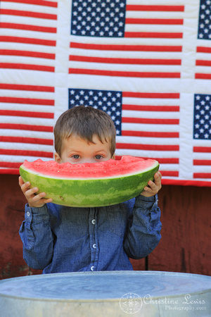child, portraits, professional, chattanooga, tn, tennessee, patriotic, red, white, blue, american flag, quilt, clothes line, 4 year old, boy, pictures, photographs, watermelon