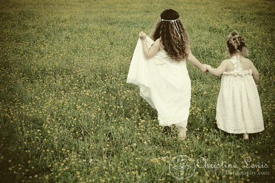 girls, yellow flowers, wildflowers, field, green, vintage, dresses, curly, brown hair, children, artistic, portraits, photographs, pictures, chattanooga, tennessee, tn, walking