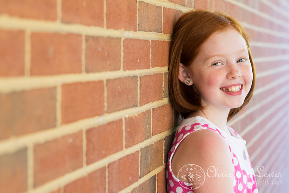girl, ten year old, professional pictures, photo shoot, &quot;christine lewis photography&quot;, red head, pink, portraits, brick