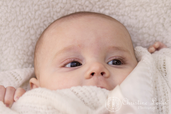 baby, portrait, professional, &quot;christine lewis photography&quot;, chattanooga, tn, tennessee, ringgold, four months old, pushing up, white blanket, covers, snuggled