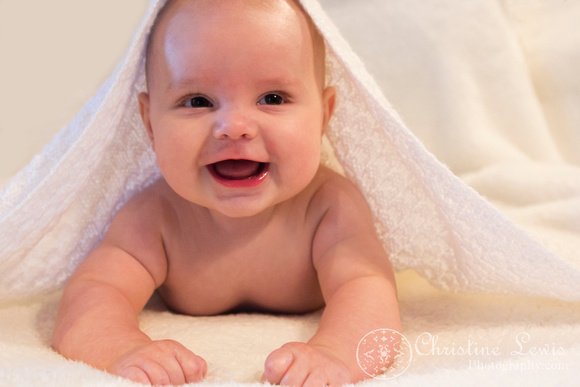 baby, portrait, professional, &quot;christine lewis photography&quot;, chattanooga, tn, tennessee, ringgold, four months old, pushing up, white blanket, covers, snuggled