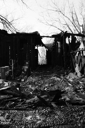 art, b&W, burned, charred, fire, house, monochrome, photography, print, scorched