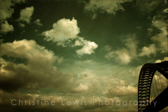 abstract, blue, bridge, clouds, "shelby a rhinehart bridge", sky, vintage