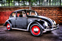 volkswagon beetle bug, black, red wheels, HDR, brick, car, fine art print, home decor, "christine lewis photography"