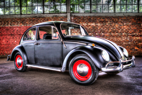 volkswagon beetle bug, black, red wheels, HDR, brick, car, fine art print, home decor, "christine lewis photography"