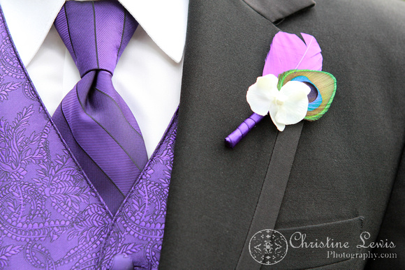 chattanooga nature center, tennessee, tn, outdoor, wedding, natural, professional, photographs, portraits, pictures, detail, suit, purple, peacock feather, boutineer