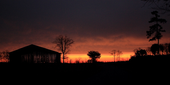 barn, dark, morning, orange, silhouette, sunrise, trees