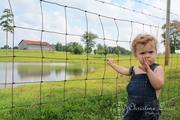 boy, fence, farm, barn, overalls, dirty, pond, 18 months old, portrait