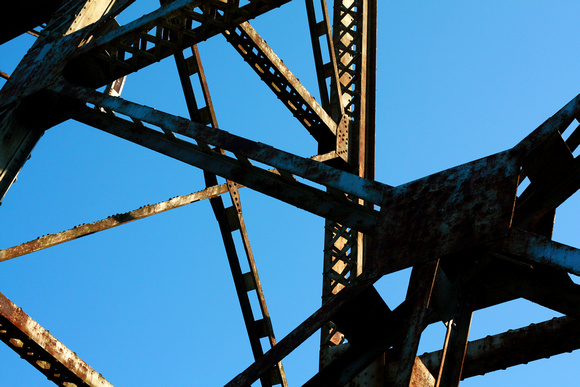 abstract, blue, bridge, railroad, rust, sky