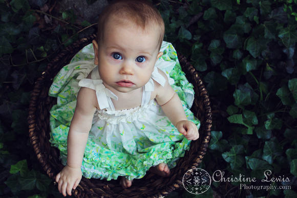 child portrait, ivy, basket, chattanooga, tn, tennessee, south pittsburg, looking up, green, photographs, big eyes, girl, 6 months old, baby