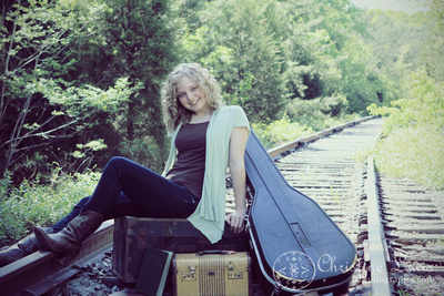 senior portraits, home school, photographs, pictures, christine lewis photography, photographer, chattanooga, tennessee, tn, professional, girl, curly hair, guitar, train case, railroad tracks, vintage, artistic, unique