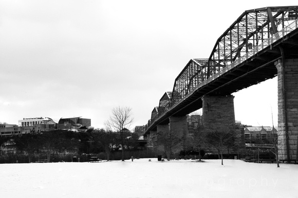 B&W, "black and white", bridge, "coolidge park", "hunter art museum", park, snow, "walnut street bridge"