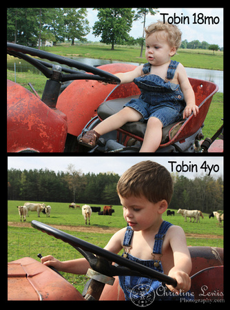 farmer, overalls, boy, little, 18 months old, 4 year old, growing up,  professional, photo shoot, photographs, pictures, chattanooga, tennessee, tn, graysville, farm, before and after, tractor, red, cows, cattle