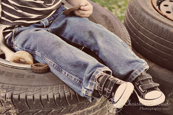 children photo shoot, professional, portraits, pictures, chattanooga, tennessee, tn, &quot;christine lewis photography&quot;, junkyard, vintage, antique cars, 3 years old, boy, playing, tires, feet, details