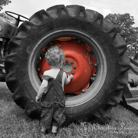 square, tractor, red, tire, overalls, boy, portrait, 18 months old