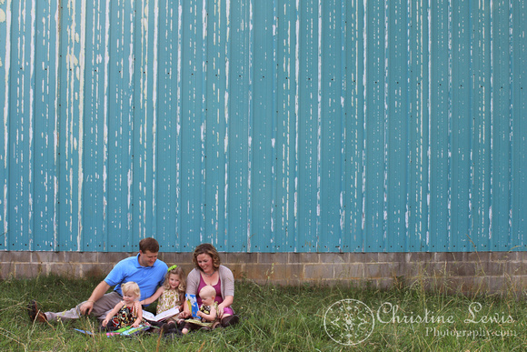 family portrait photography, professional, chattanooga, tennessee, tn, barn, rural, outdoor, natural, reading, blue, metal