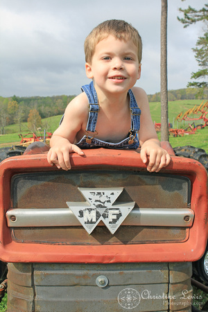 farmer, overalls, boy, little, 4 years old, professional, photo shoot, photographs, pictures, chattanooga, tennessee, tn, graysville, farm, tractor, red, blue eyes