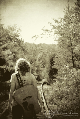 chattanooga, tennessee, senior portraits, home school, christine lewis photography, curly, blonde, girl, female, photographs, professional, photographer, pictures, guitar, railroad tracks, textured, sepia, moody, walking away