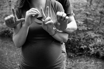 maternity, chattanooga, tennessee, couple, pregnant, expecting, professional photographer, pictures, &quot;christine lewis photography&quot;, parents, outdoor, natural light, belly, lifestyle portraits, natural, woods, forest, finger spelling, sign language, love, black and white